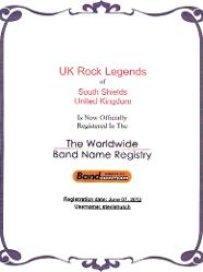 UK Rock Legends band name registration certificate